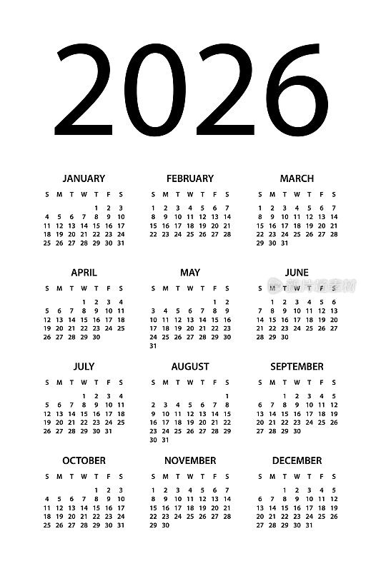 日历2026 -简单布局插图。一周从周日开始。日历设定为2026年